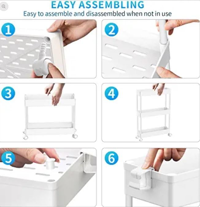 SPACEKEEPER Storage Rolling Cart, 3 Tier Laundry Room Organization Utility Cart Bathroom Organizer Mobile Shelving Unit Shelves Multi-Functional Trolley, White