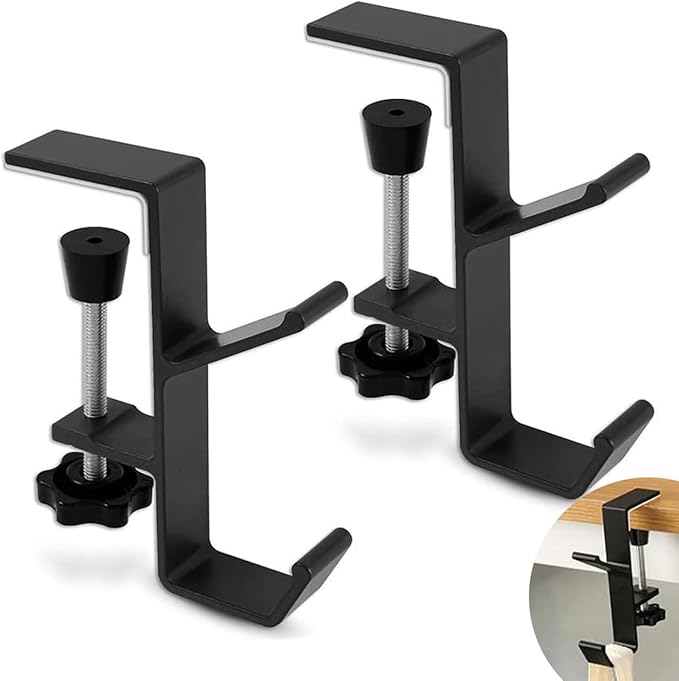 2Pcs Clamp-On Under Desk Headphone Holder Backpack Hook Students' Desk Hook with Adjustable Arm Clamp Women's Bag Handbag and Purse Holder - Suitable for Plate Between 1-5cm / 0.4-1.96” - Black