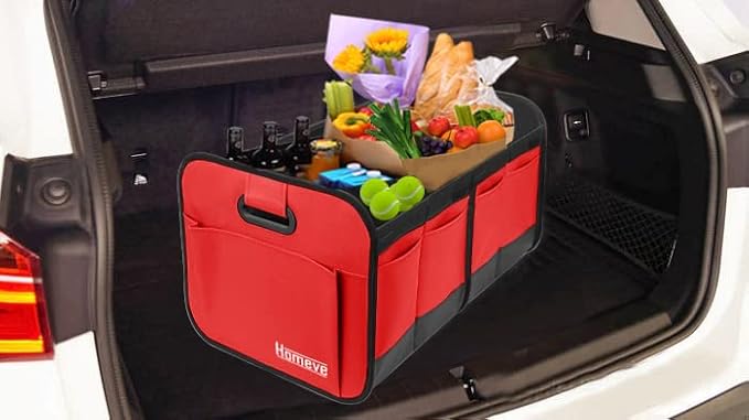Homeve Trunk Organizer, Car Storage, Reinforced Handles, Collapsible Multi-Compartment, Foldable, Waterproof, Sturdy, 600D Oxford Polyester For Car, SUV, Mini-Van, Red, 2 Compart | Collapsible