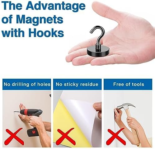 LOVIMAG Magnetic Hooks for Cruise Cabins, 85lbs Black Magnetic Hooks for Classroom, Strong Magnets with Hook for Hanging, Neodymium Magnet Hook for Fridge, Ceiling, Locker, Camper, Travel-25 Pcs