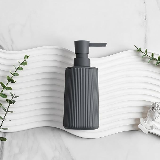 Small Soap Dispenser for Bathroom and Kitchen, Modern Farmhouse Striped Style Plastic Hand Soap Dish Soap Dispenser with Pump Matte Dark Gray