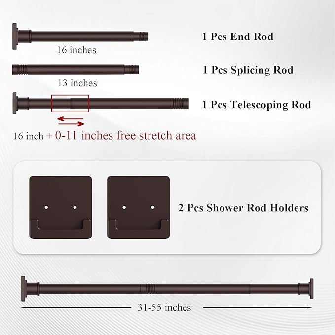 Brown Shower Curtain Rod 31-55 inches, Stainless Steel Shower Rod & Tension Rod, Adjustable Tension Shower Rod for Bathroom, Windows, Closet
