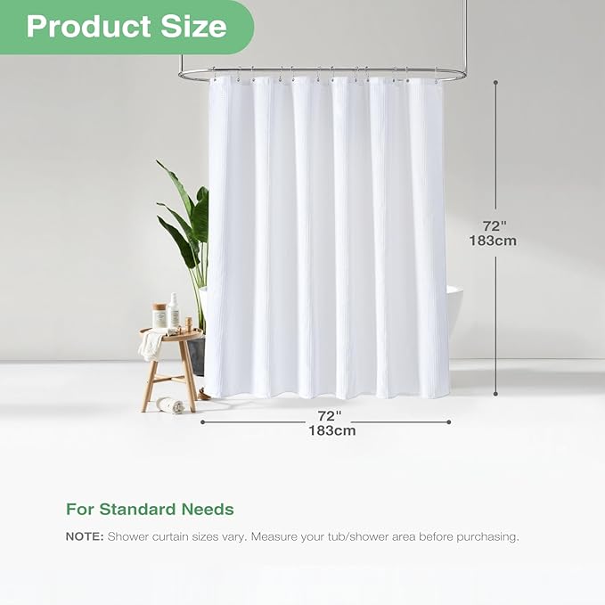 Dynamene White Fabric Shower Curtain, Waffle Weave Heavy Duty Thick Fabric Shower Curtains for Bathroom, 256GSM Weighted Hotel Luxury Cloth Shower Curtain Set with 12 Plastic Hooks, 72Wx72H, White