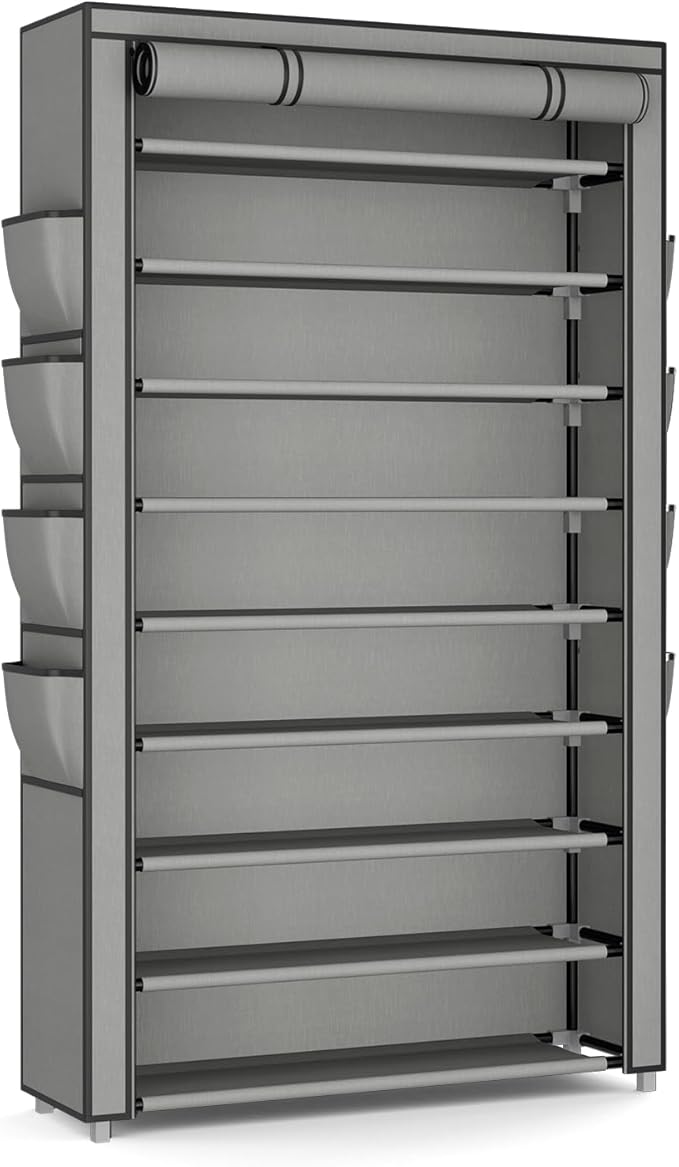 Shoe Rack with Cover, 10 Tier Shoe Organizer Storage for 40-50 Pairs Sneaker and Boots, Large Capacity, with 8 Pockets, Free Standing Tall Shoe Rack for Front Door Entrance, Closet, Grey