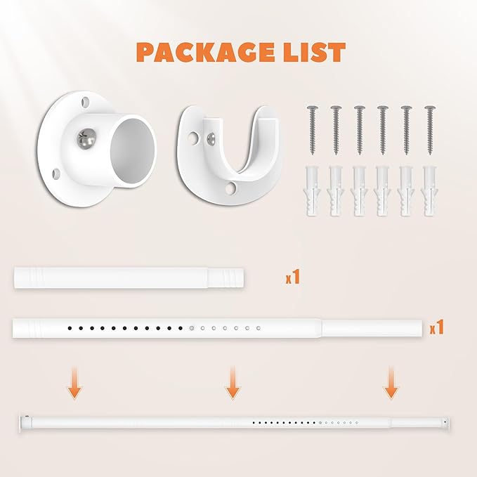 Closet Rod 17-39 Inches, Adjustable Heavy Duty Metal White Closet Rods for Hanging Clothes 1.3 Inches Diameter for Wardrobes Laundry