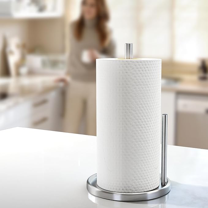 Jesginboo Paper Towel Holder Countertop, Silver Kitchen Paper Towels Holder, Paper Roll Holder with Weighted Base