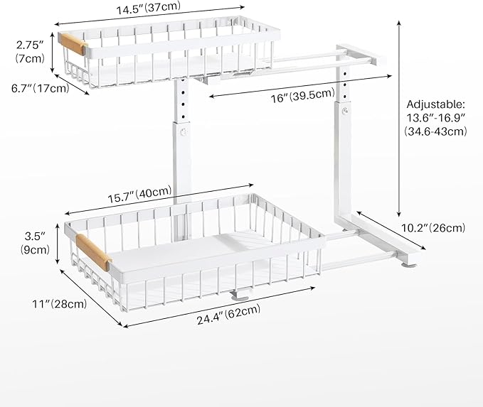 PXRACK Under Sink Organizer, Adjustable Height, 2 Tier Pull Out Under Cabinet Organizer, Slide Out Thickened Metal Under Sink Storage for Kitchen Bathroom Laundry Pantry Cabinet, White, Large-1-Pack