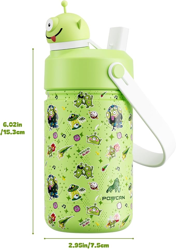 POWCAN 12 oz Insulated Water Bottle for School: 2-in-1 Straw Spout Lid with Soft Animal Head, BPA-Free, Leakproof, Keep Cold 24H, Easy Carry, Stainless Steel Cup for Boys, Girls, Kids (Alien Party)