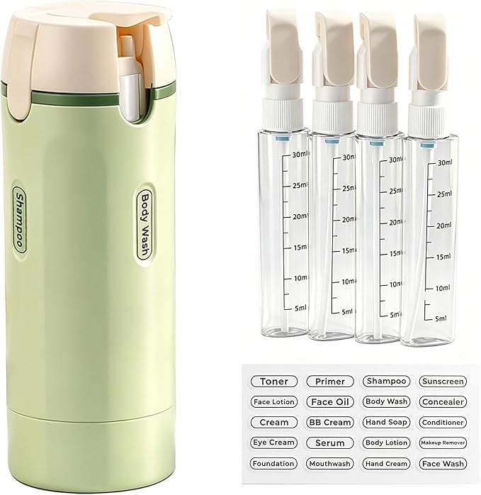 4 in 1 Travel Dispenser Bottle Leakproof Refillable Travel Bottles for Toiletries Portable Size Containers for Shampoo Lotion Cosmetics Travel Essentials for Women Men (Green)