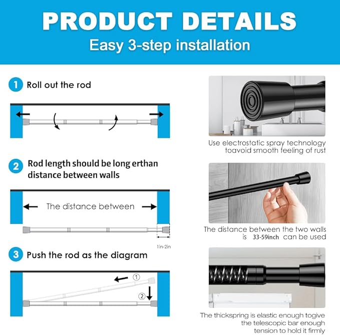 1 Pack Spring Tension Rods 33-59 Inches, 5/8 Inch Diameter Black No Drill Spring Loaded Adjustable Extendable, Small Short Tension Curtain Rod for Windows Kitchen Doorway Closet Cupboard