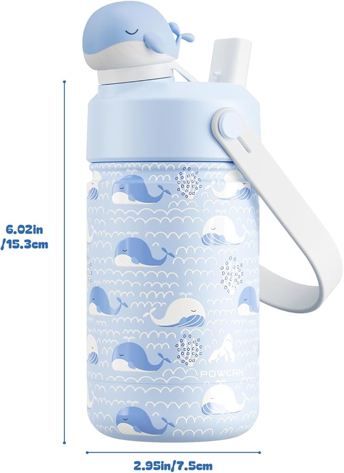 POWCAN 12 oz Kids Water Bottle for School: 2-in-1 Straw Spout Lid with Soft Animal Head, Leakproof, Backpack Friendly, Keep Cold 24H, Insulated cup for Sports, Playground, Holiday Gift (Whale Splash)