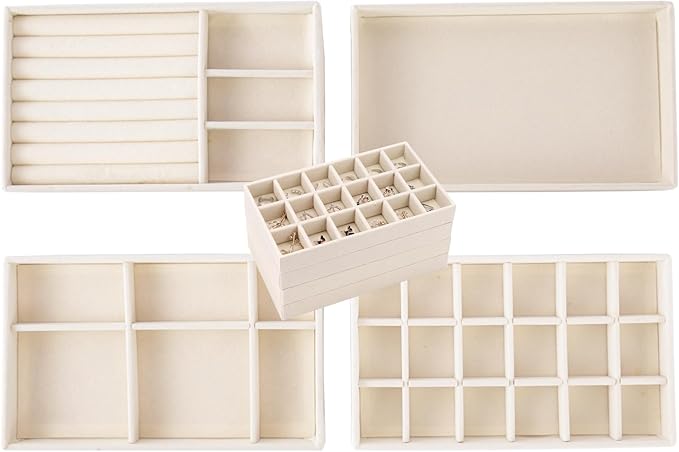 Velvet Jewelry Organizer for Drawer, Stackable Jewelry Drawer Inserts in Dresser, 8in Beige Storage Display Case for Rings Stud Necklaces Accessories, Set of 8