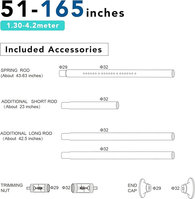 Tension Curtain Rod, 51-165 Inch,Spring Shower Closet for Windows or Shower,Easy to Install, No Drilling, Rust, Bathroom, Rod Diameter 1.26 Inches, Black,Umimile