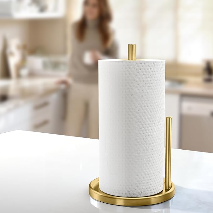 Jesginboo Paper Towel Holder Countertop, Gold Kitchen Paper Towels Holder, Paper Roll Holder with Weighted Base