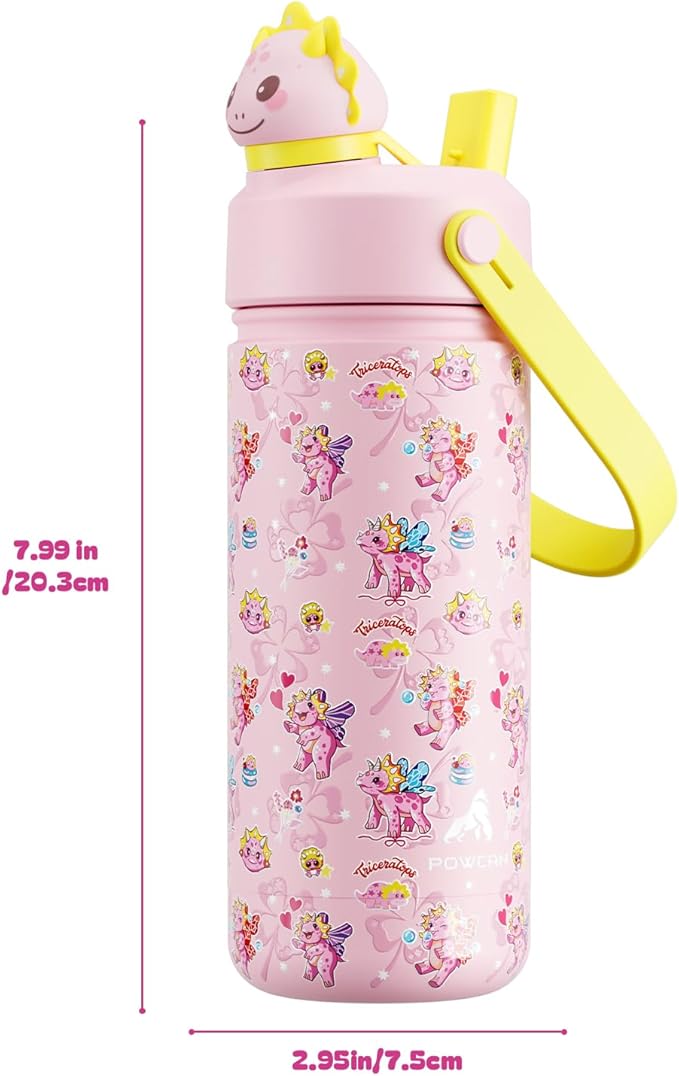 POWCAN 18 oz Kids Water Bottle: 2-in-1 Straw Spout Lid with Soft Animal Head, Leakproof, Backpack Friendly, Keep Cold 24H, Cute Patterns, Insulated Cup for School, Playtime, Trip, Gift (Lovely Trike)