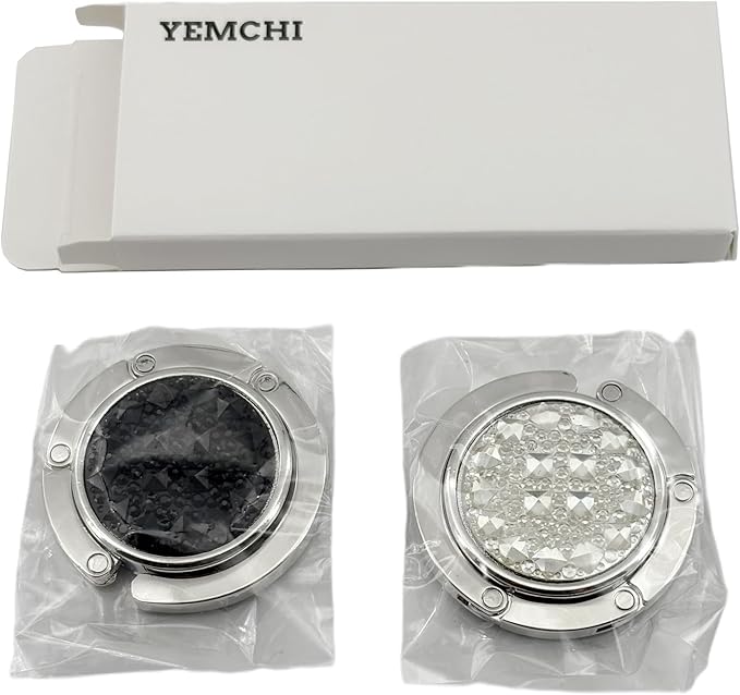 2 Pack Bling Crystal Foldable Purse Hooks for Table & Desk | Women's Handbag Hangers | Anti-Slip & Portable | Perfect for Dining Out & Office Use | Mixed Color (Black & White)