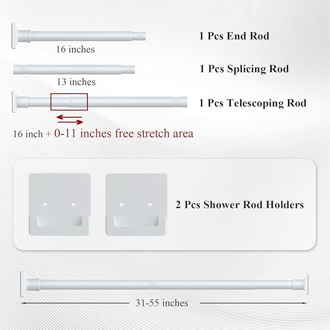 White Shower Curtain Rod 31-55 inches with Holders, Stainless Steel Shower Rod & Tension Rod, Adjustable Tension Shower Curtain Rod for Bathroom, Windows, Closet