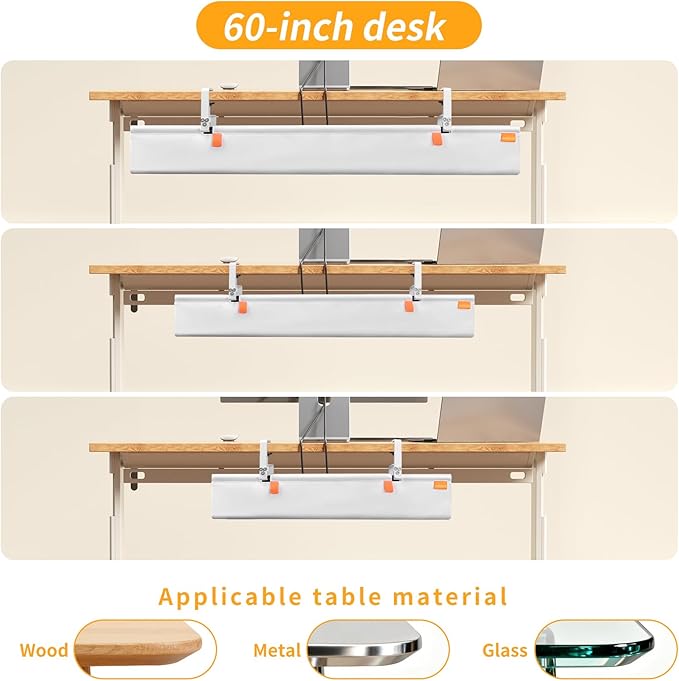 No Drill Under Desk Cable Management Tray, 48" Cord Organizer with Clamp, Fabric Cable Management for Standing Desks, Ideal for Home & Office - White
