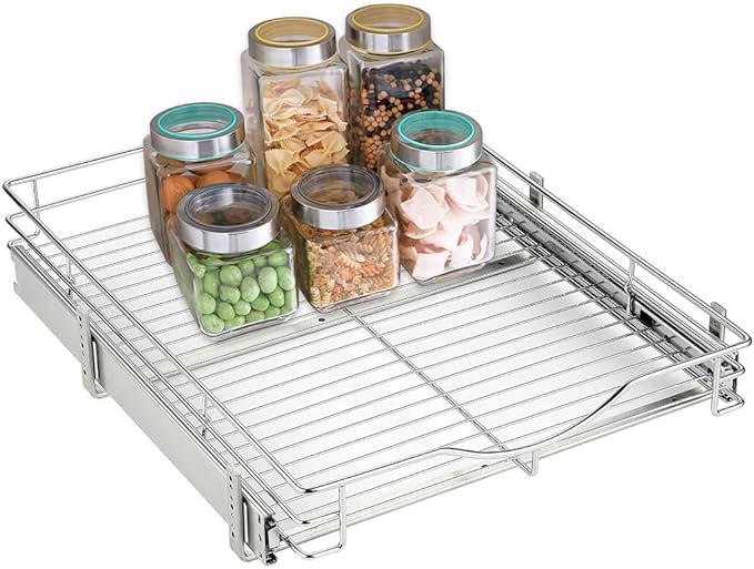 DINDON 1 Tier Pull Out Cabinet Organizer (14" W x 18" D) Heavy-Duty Metal Sliding Drawer Shelf, Slide Out Wire Basket for Kitchen Cabinets, Pantry, Bathroom, Chrome Finish…