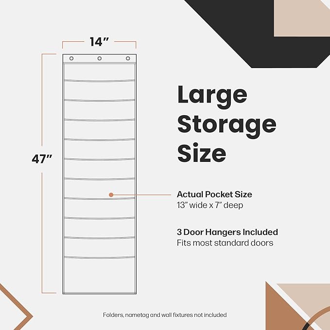Black Pocket Chart for Classroom - 10 Pocket Storage Rainbow Pocket Charts , 3 Over Door Hangers Included, Hanging Wall File Organizer for File Folders, School Mailbox, Home/Office Papers