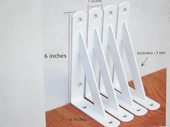 4 Pack L6 x H 4" White Heavy Duty Shelf Brackets with Screws Metal Shelf Brackets Shelf Support Angle Brackets for Shelves L Brackets Heavy Duty Floating Shelf