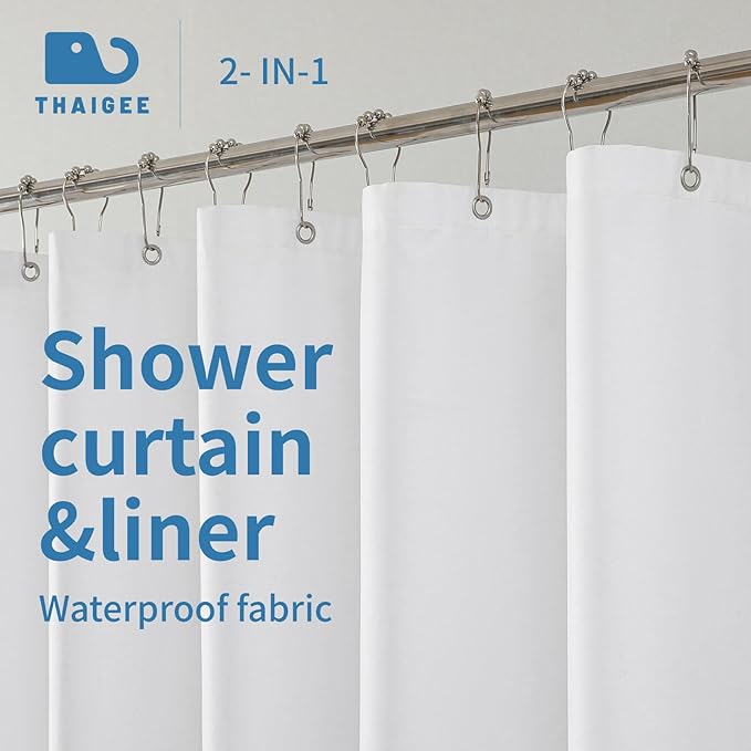 1 Pack Water-Repellent Fabric Shower Curtain Liner - Hotel Quality Machine Washable, 3 Heavy-Duty Magnets with Rustproof Grommets & Weighted Hem, Standard Size 70x72in White