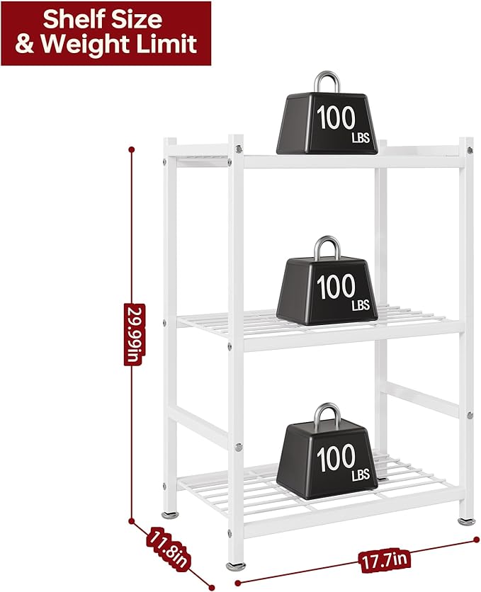 Small Storage Shelves, 3-Tier Metal Shelving Unit with Adjustable Feet, Compact Shelf Organizer for Garage, Kitchen, Pantry and Closet Organization, 17.7" x 11.8" x 29.9",Black