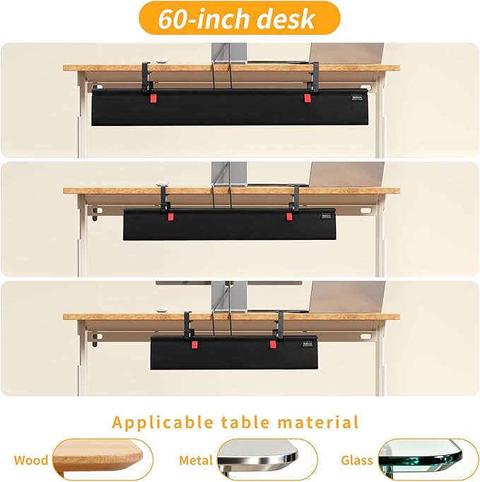 No Drill Under Desk Cable Management Tray, 48" Cord Organizer with Clamp, Fabric Cable Management for Standing Desks, Ideal for Home & Office - Black