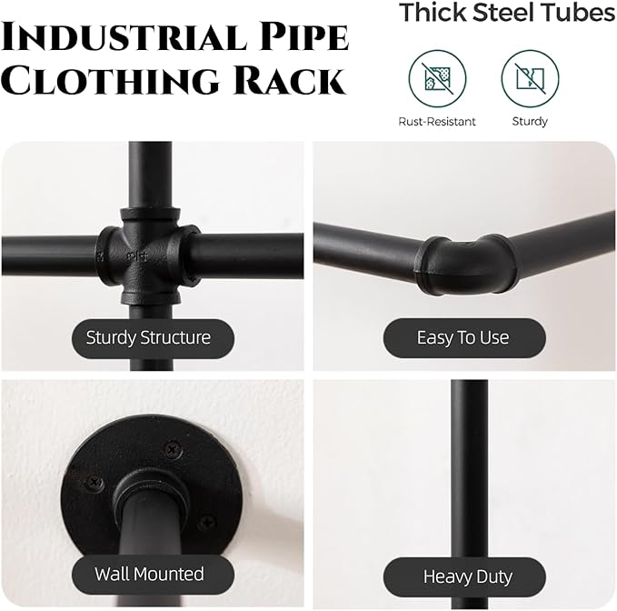 Homeyeeng Industrial Pipe Clothes Rack Wall Mounted Clothing Rack,Heavy Duty Iron Pipe Garment Rods,Detachable Multi-Purpose Clothing Hanging Rod/Garment Bar, Black