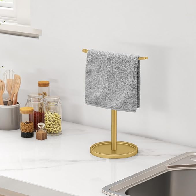 STWWO Hand Towel Holder, Stainless Steel Towel Holder Stand for Bathroom, Kitchen Countertop, T-Shaped Hand Towel Rack Stand, Gold