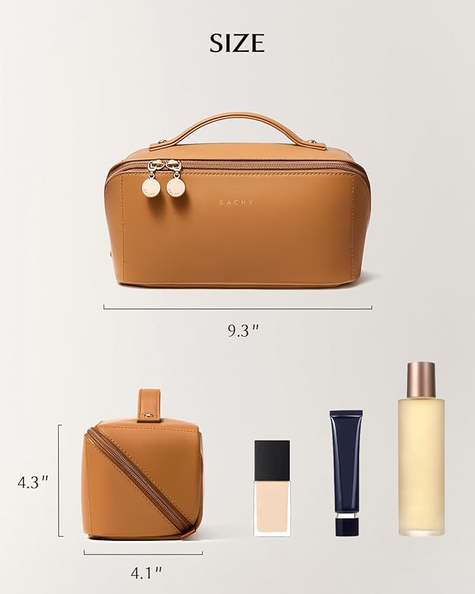 EACHY Travel Makeup Bag, Large Capacity Cosmetic Bag for Women, Waterproof PU Leather, Flat Open Portable Toiletry Bag for Skincare, Brushes & Travel Essentials