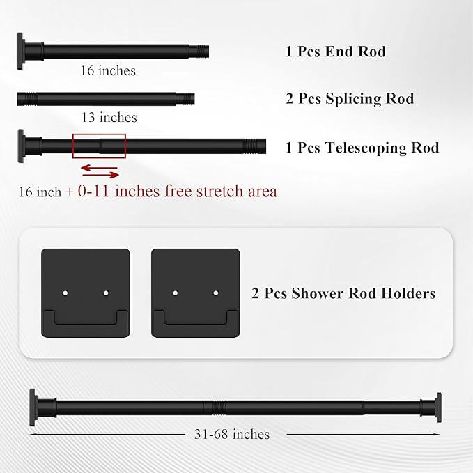 Matte Black Shower Curtain Rod 31-68 inches, Stainless Steel Shower Rod & Tension Rod, Adjustable Tension Shower Curtain Rod for Bathroom, Windows, Closet