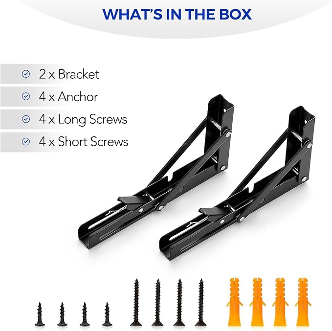 Ravinte 4 Pack 8 Inch Folding Shelf Brackets – Matte Black, Heavy Duty Collapsible Brackets for Tables and Benches – Space-Saving Design