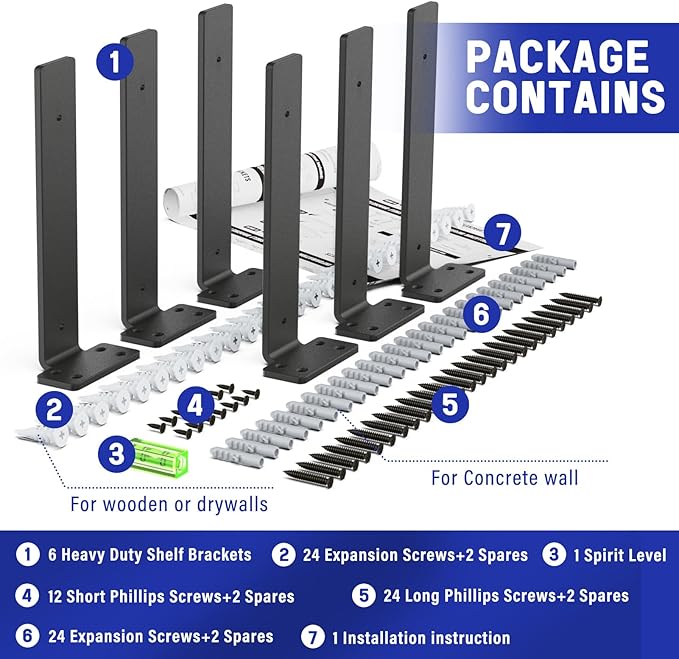 Goovilla Shelf Bracket, Heavy Duty Floating Shelf Brackets 12 inch Long, 6 Pack Brackets for Shelves, Black Coated Metal Wall Shelf Support Brackets with 1/5 Inch Thick and 160 lb. Load Capacity