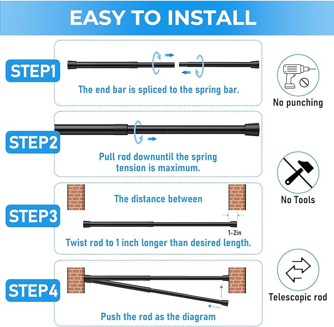 1 Pack Spring Loaded Tension Rod 17-41" Adjustable Curtain Rods No Drill Extendable Spring Rod Tension Curtain Rods For Window Kitchen Shelves Rv Refrigerator And Small Spaces,Black