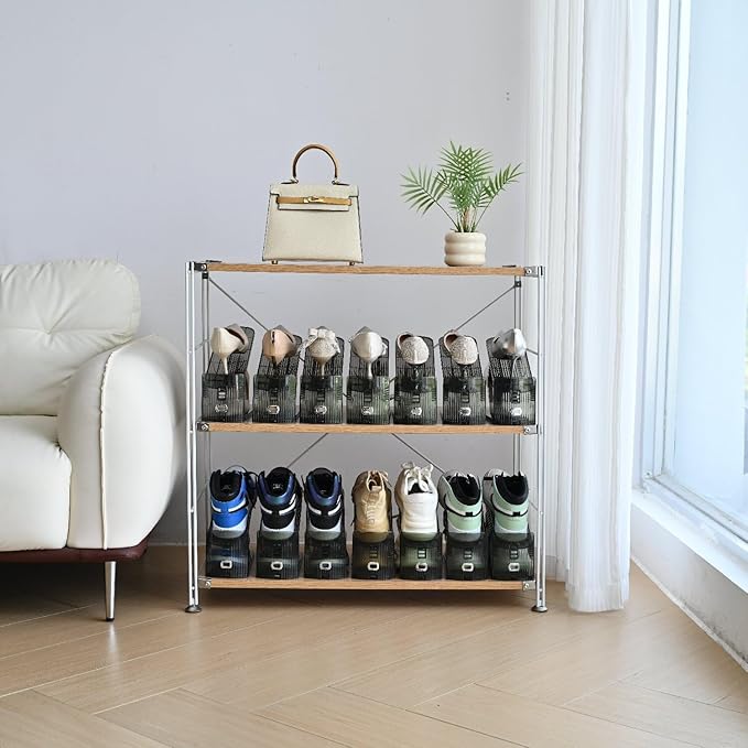 Shoe Slots Organizer, Clear Shoe Stacker, Adjustable Level Shoe Rack,Storage Space Saver for Sneakers Display (Grey Transparent, 6Pack)