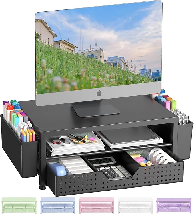 OPNICE Desk Organizers and Accessories, Computer Monitor Stand Riser with Drawer and 2 Pen Holders, Laptop Stand, Office Desk Accessories & Workspace Organizers for Home Office Supplies, Black