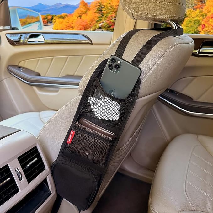 Car Seat Side Organizer, Auto Seat Storage Hanging Bag, Phones, Drink, Stuff Holder with Mesh Pocket for Cars, SUV & Truck 2 Pack