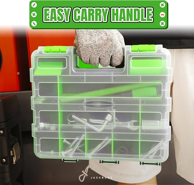 Jack Boss Tool Box with Transparent Lid, Double Side 34-Compartments Organizer Box with Removable Dividers for Hardware, Screws, Bolts, Nails, Beads, Jewelry and Fishing Accessories, Green, 2 Pack