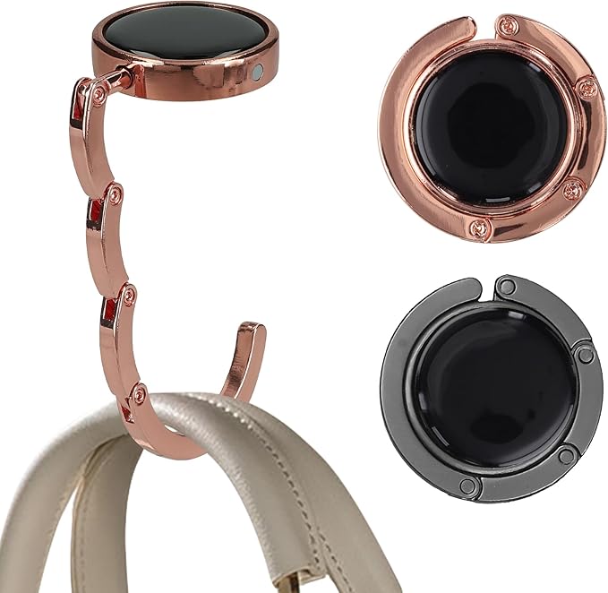 kwmobile Purse Hook for Table - Set of 2 Purse Holder - Folding Handbag Hanger - Portable Bag Holder - Bag Hooks for Desk - Table Hook Black Matte/Rose Gold