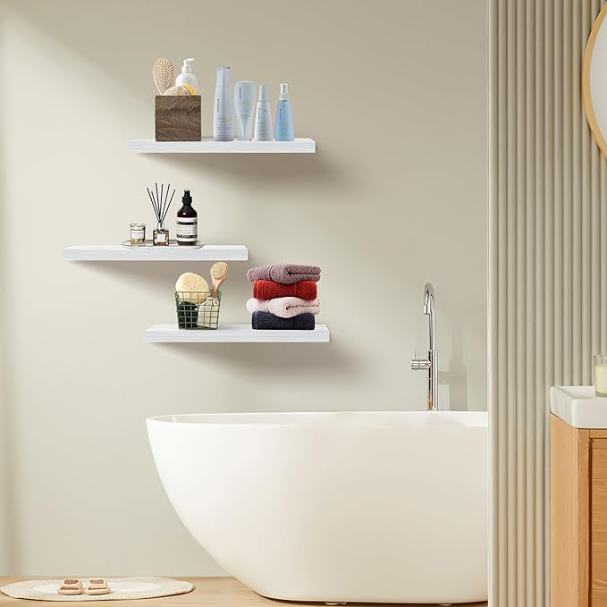 Upassion Floating Shelves for Wall Set of 3, 24" White Wall Shelves for Home Decor, Frame Display White Floating Shelf for Living Room, Bedroom, Bathroom, Kitchen