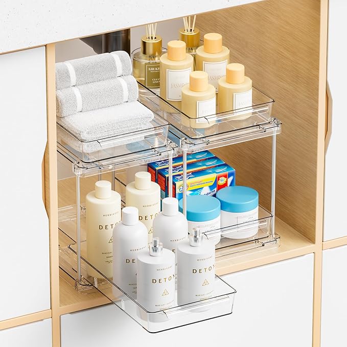 Yieach 2 Pack 2 Tier Pull Out Drawers for Medicine Cabinet Organizer,Bathroom Under Cabinet Storage,12.1″ Deep Pantry and Medicine Shelf Organizer for Toiletry Product,Vitamin Bottle and Supplement