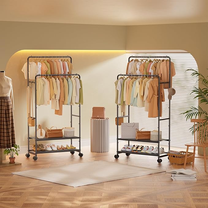 Simple Trending Clothes Rack for Hanging Clothes, Double Rod Clothing Rack with Shelves Load 400 LBS, Garment Rack with Wheels, Black