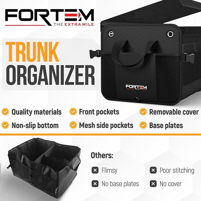 FORTEM Trunk Organizer For SUV Car Organizer and Storage, Multi-Compartment Storage Bag Car Accessories for Women Men, Perfect Christmas Gifts, 1680D Oxford, Non Slip Bottom, Straps, Soft Cover (90L)