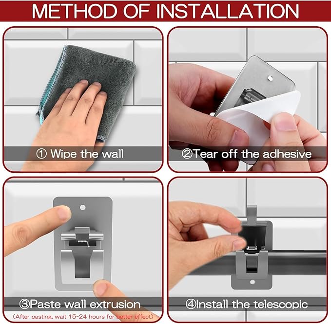 6PCS No Drill Curtain Brackets, Self-Adhesive Rod Holders, Universal Plastic Nail Free Adjustable, Curtain Hooks for Rods Less Than 1.57 Inch Diameter (Sliver)