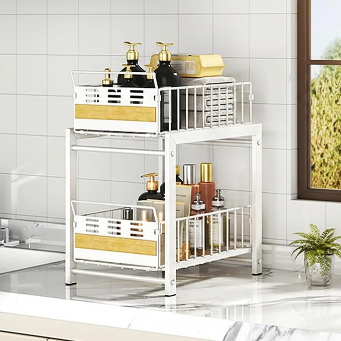 Under Sink Organizer, 2-Tier Pull Out Cabinet Organizer with Heavy-Duty Carbon Steel Sliding Shelves, Stackable Multi-Purpose Storage Rack for Kitchen Pantry Bathroom with Movable Dividers, White