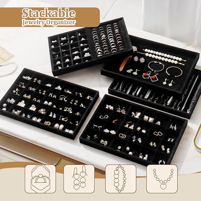 Large Velvet Jewelry Tray 2 Pack Stackable Jewelry Display Drawer Inserts Trays Organizer for Earring Bracelet Necklace Ring (Black, Ring and 9 Grids)