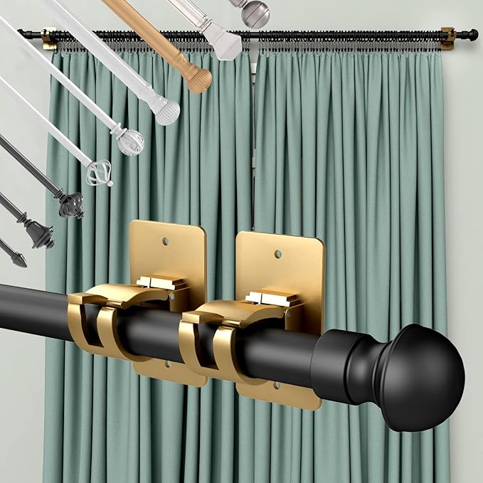 4 Pieces Self Adhesive Curtain Rod Bracket Universal Plastic Curtain Rod Holders, No Drill Curtain Rod Brackets Curtain Rod Hooks for Bathroom, Bedroom, Livingroom, Kitchen (Gold)