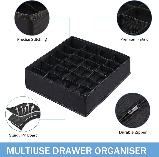 Foldable Storage Cubes Drawer Underwear Organizer Dividers, under Cabinet Organizer 24-Cell Fabric Storage Boxes for Lingerie,Socks,Ties (Black)
