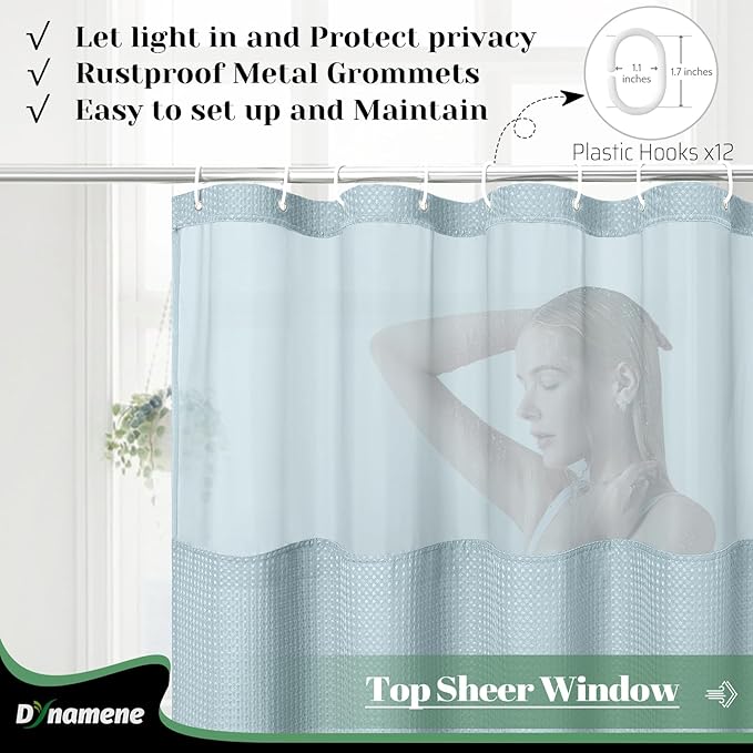 Dynamene 78 Inch Long Shower Curtain, Tall Waffle Fabric Shower Curtains for Bathroom, Hotel Waterproof Cloth Shower Curtain Liner Set with Hooks, Snap in Liner, Mesh Top Window, Fog Blue, 72x78